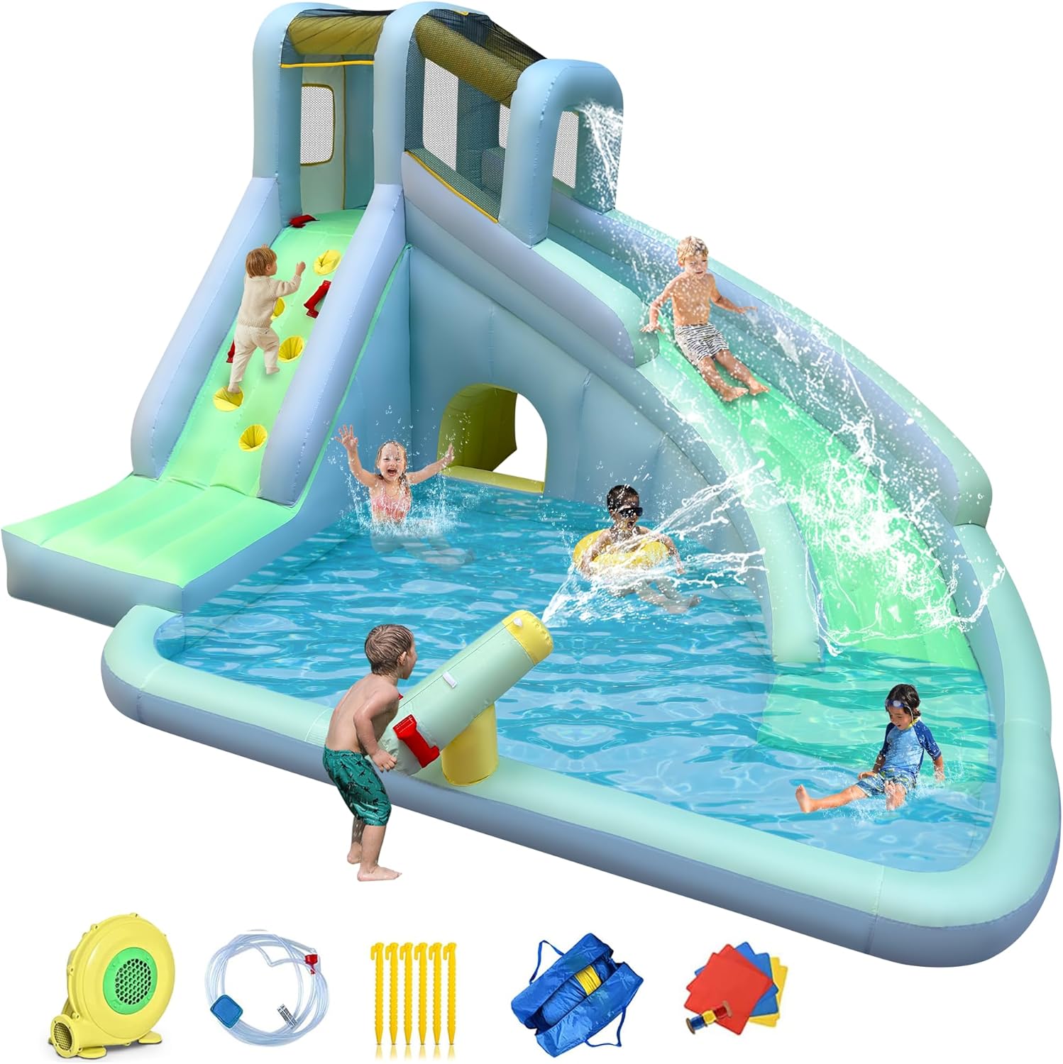 Kids Outdoor Bounce House - 6-in-1 Opblaasbaar Kinderen Springkasteel Waterpark, 550W