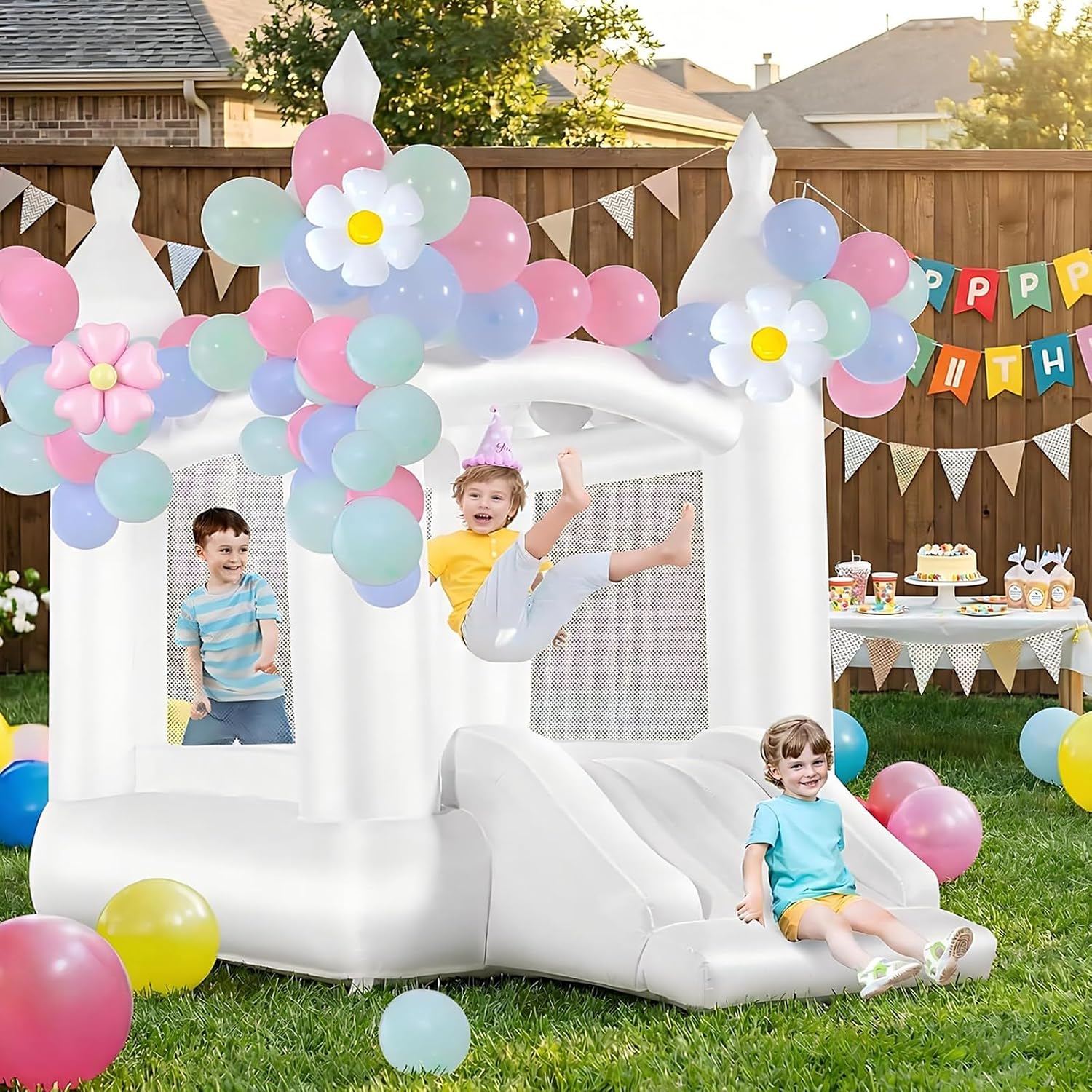 Kids Outdoor Bounce House - Witte springkasteel binnen en buiten, geschikt