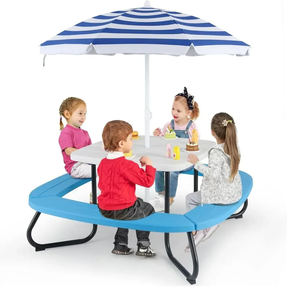 Kids Outdoor Bench - 8-persoons picknicktafel voor kinderen met parasol,