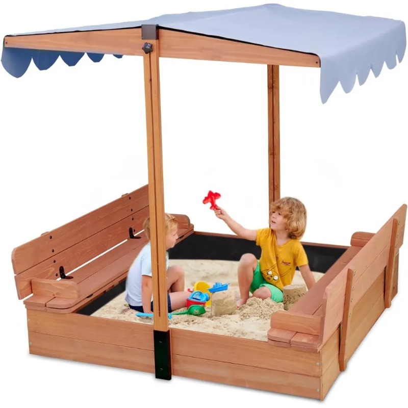 Kids Outdoor Bench - Houten kinderzandbak met afdak, 2 opklapbare