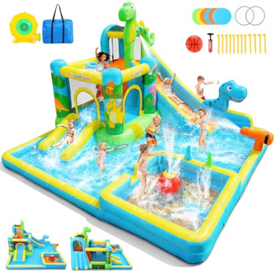Kids Outdoor Bounce House - Opblaasbare waterglijbaan voor buiten: dino-thema 13-in-1