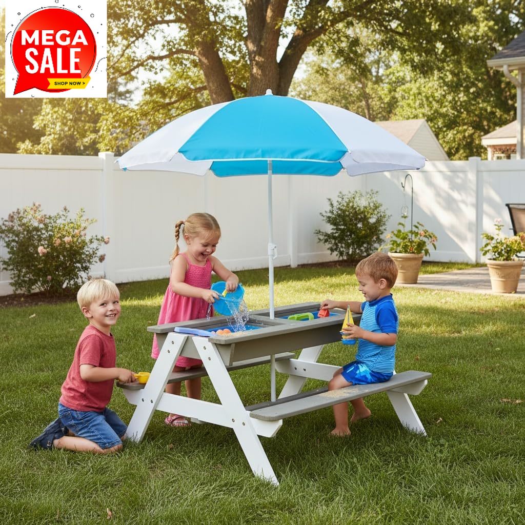 Kids Outdoor Bench - Kinderpicknicktafel, 3-in-1 houten zand- en watertafel